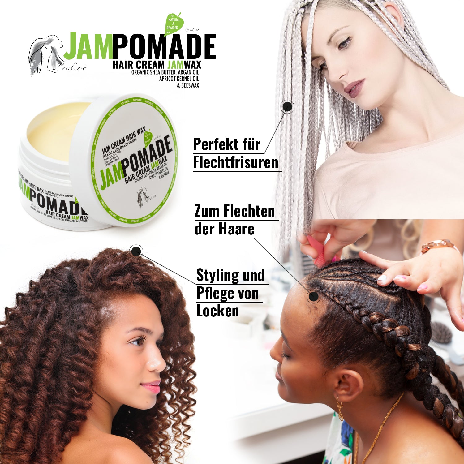 JAMPomade Natural-Cremewachs
pflegt & regeneriert
Hervorragend geeignet für lockiges Haar, Ringel-Afro, Twist-Haar, und für Flechtfrisuren